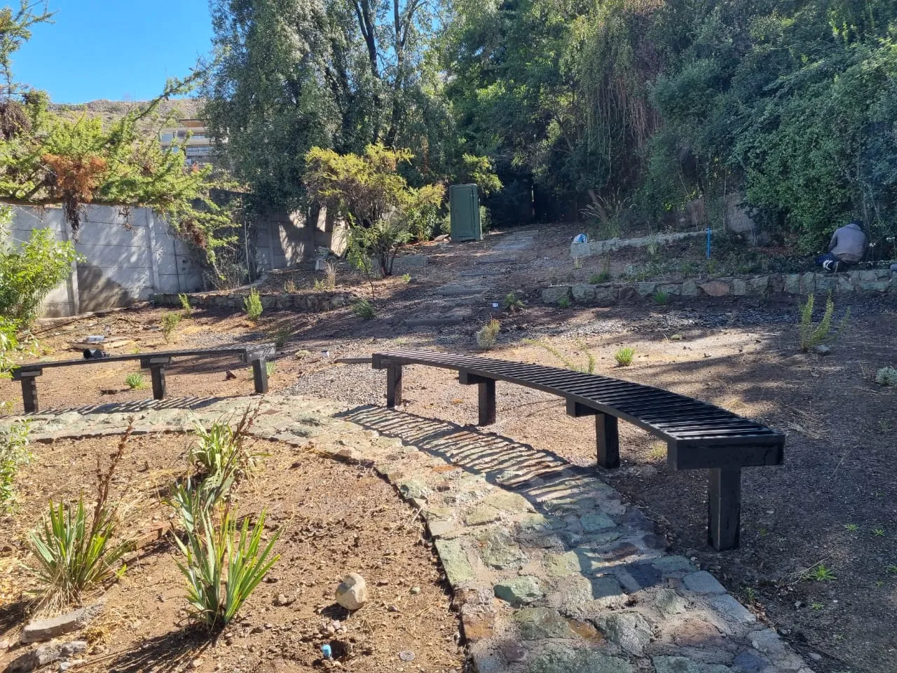 Banca de madera integrada a jardín rústico con vegetación nativa